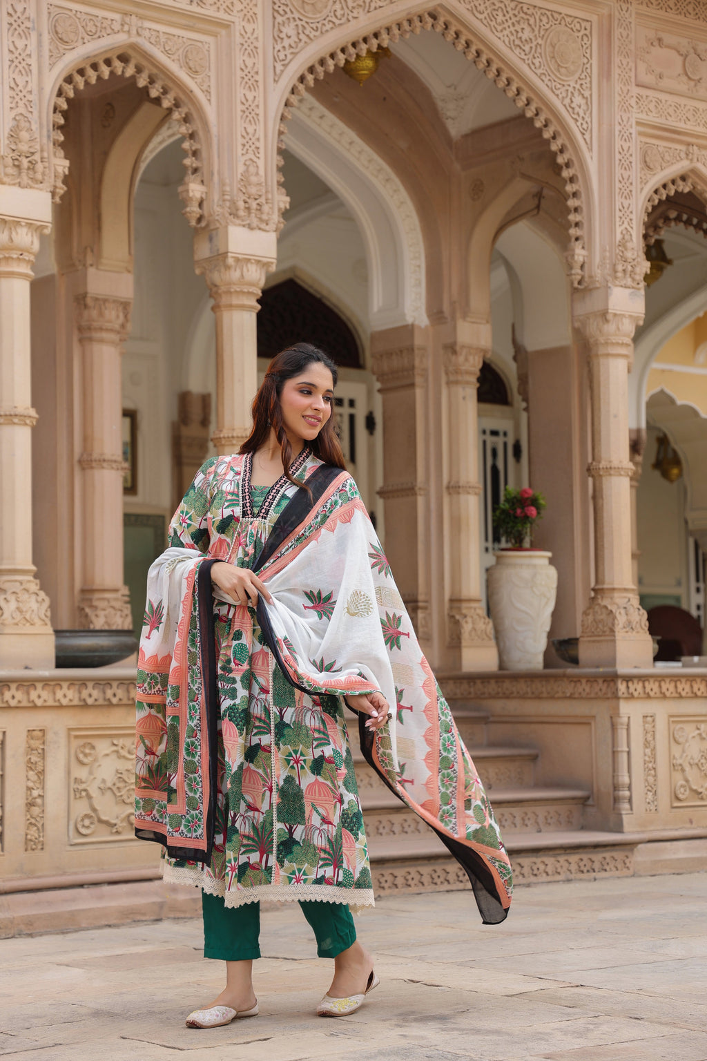 Women Floral Printed Cotton Anarkali Kurta with Trousers & Dupatta