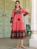 Ethnic Motifs Printed Tiered Pure Cotton V-Neck Fit & Flared Midi Dress