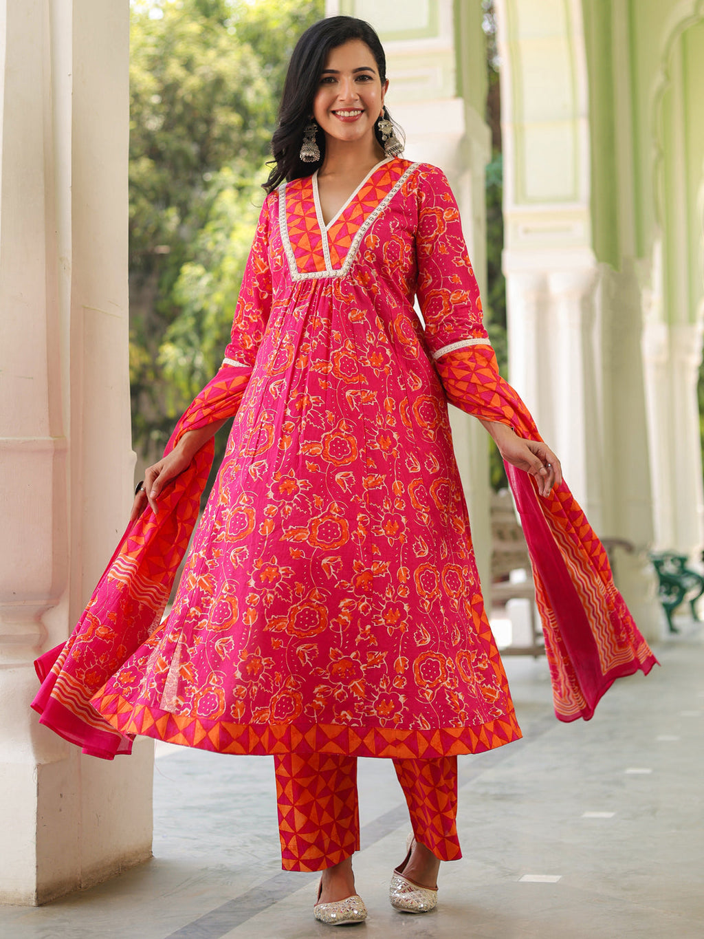 Women Floral Sequinned Pure Cotton Kurta with Trousers & Dupatta