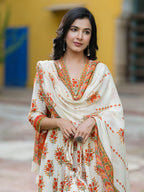 Floral Printed Thread Work Pure Cotton Kurta With Trousers & Dupatta