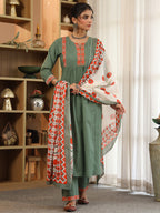 Women Ethnic Motifs Yoke Design Regular Thread Work Pure Cotton Kurta with Trousers & With Dupatta