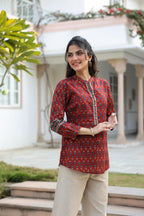 Print Mandarin Collar Cotton Top