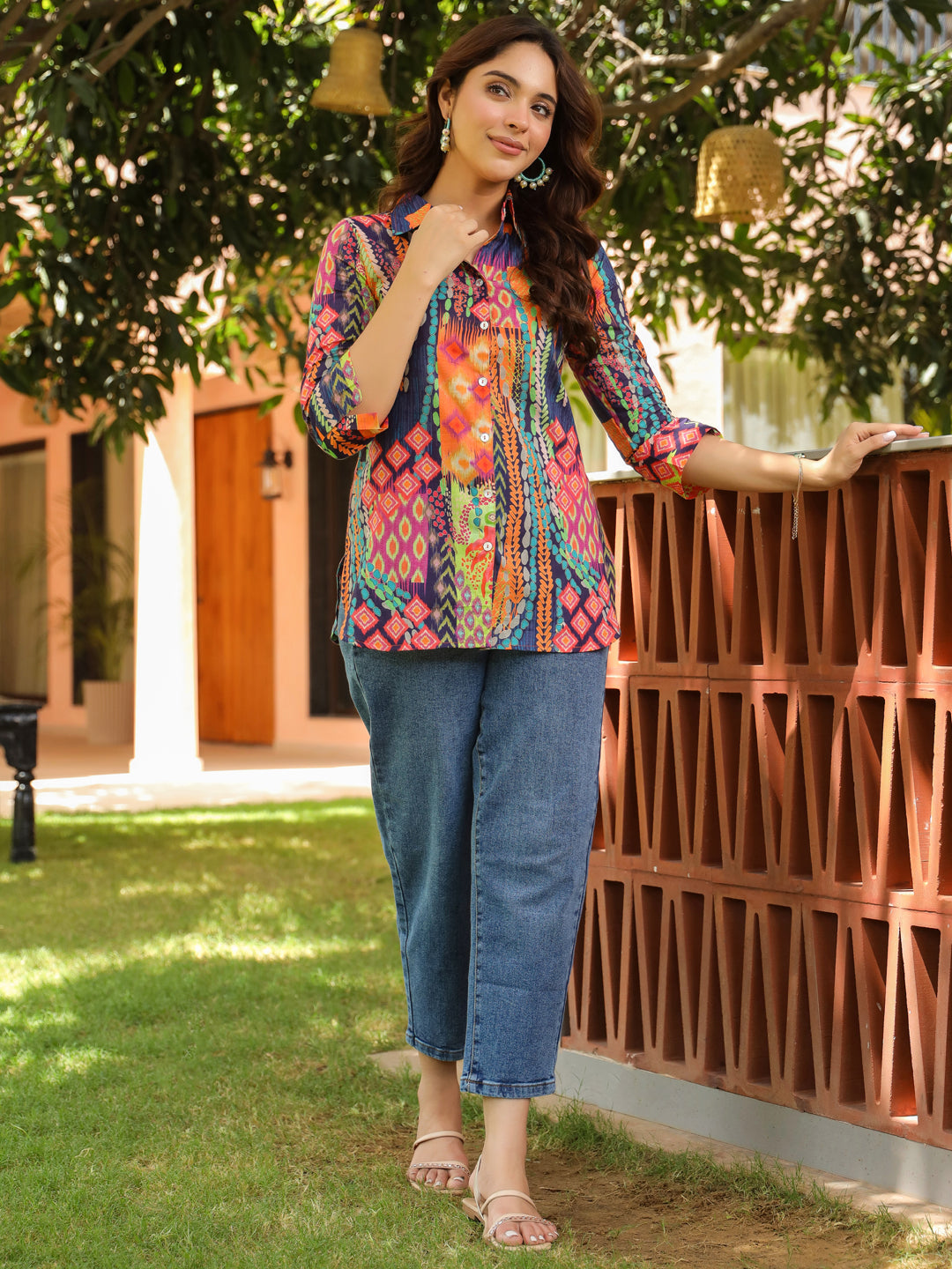 Women Relaxed Fit Abstract Printed Spread Collar Cotton Casual Shirt