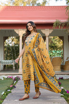 Women Ethnic Motifs Printed Regular Beads and Stones Pure Cotton Kurta with Trousers & With Dupatta