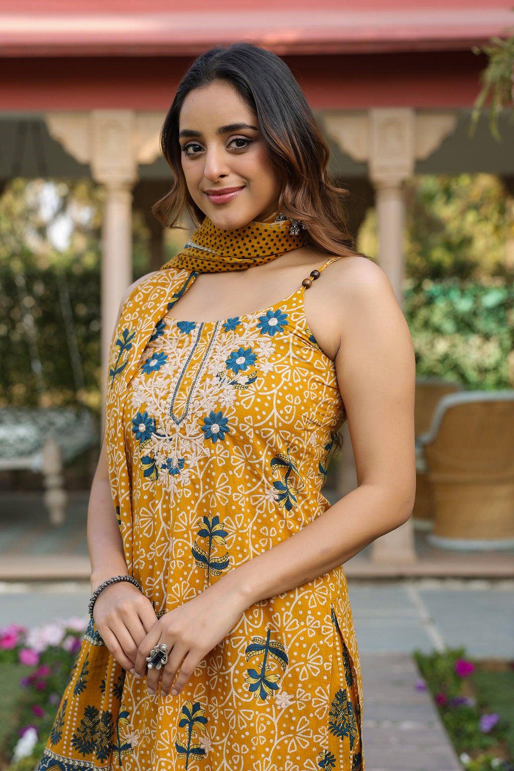Women Ethnic Motifs Printed Regular Beads and Stones Pure Cotton Kurta with Trousers & With Dupatta