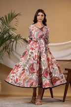 Women Tropical Printed Bell Sleeves Pure Cotton Wrap Midi Ethnic Dress