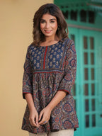 Women Blue Ethnic Motifs Printed A-line Kurti, Round Neck