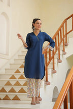 Women Navy Blue Solid Kurta with Printed Trouser