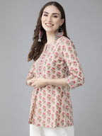 Women Floral Printed Sequinned Cotton A-Line Kurti
