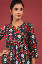 Women Navy Blue & Red Floral A line Sequinned Pure Cotton Kurti