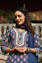 Women Blue Printed Mirror Work Cotton Kurta Set