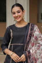 Black Embroidered Kurta Set With Printed Dupatta