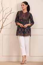 Women Blue and Rust Floral Printed Pure Cotton A-Line Kurti