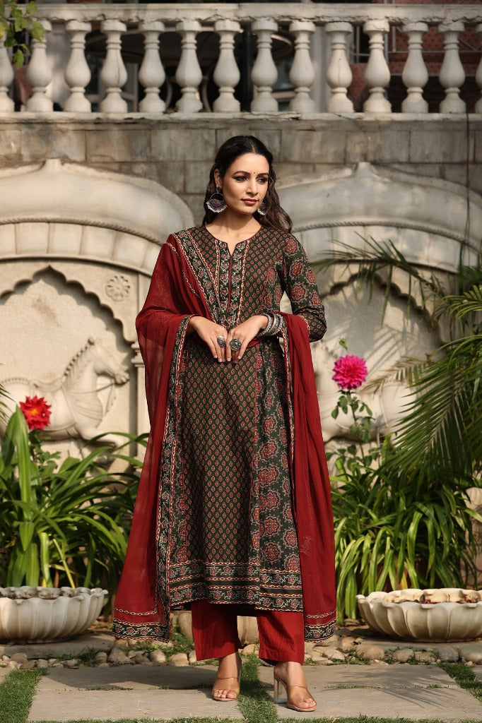 Women Green Printed Pure Cotton Anarkali Kurta Set