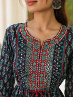 Printed Round Neck Pure Cotton Ethnic Dresses