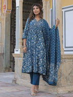 Women Blue Floral Printed Empire Line Anakali Kurta With Trouser And Dupatta