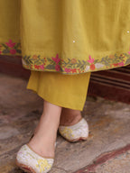 Floral Embroidered Mirror Work Pure Cotton Kurta With Trouser & Dupatta
