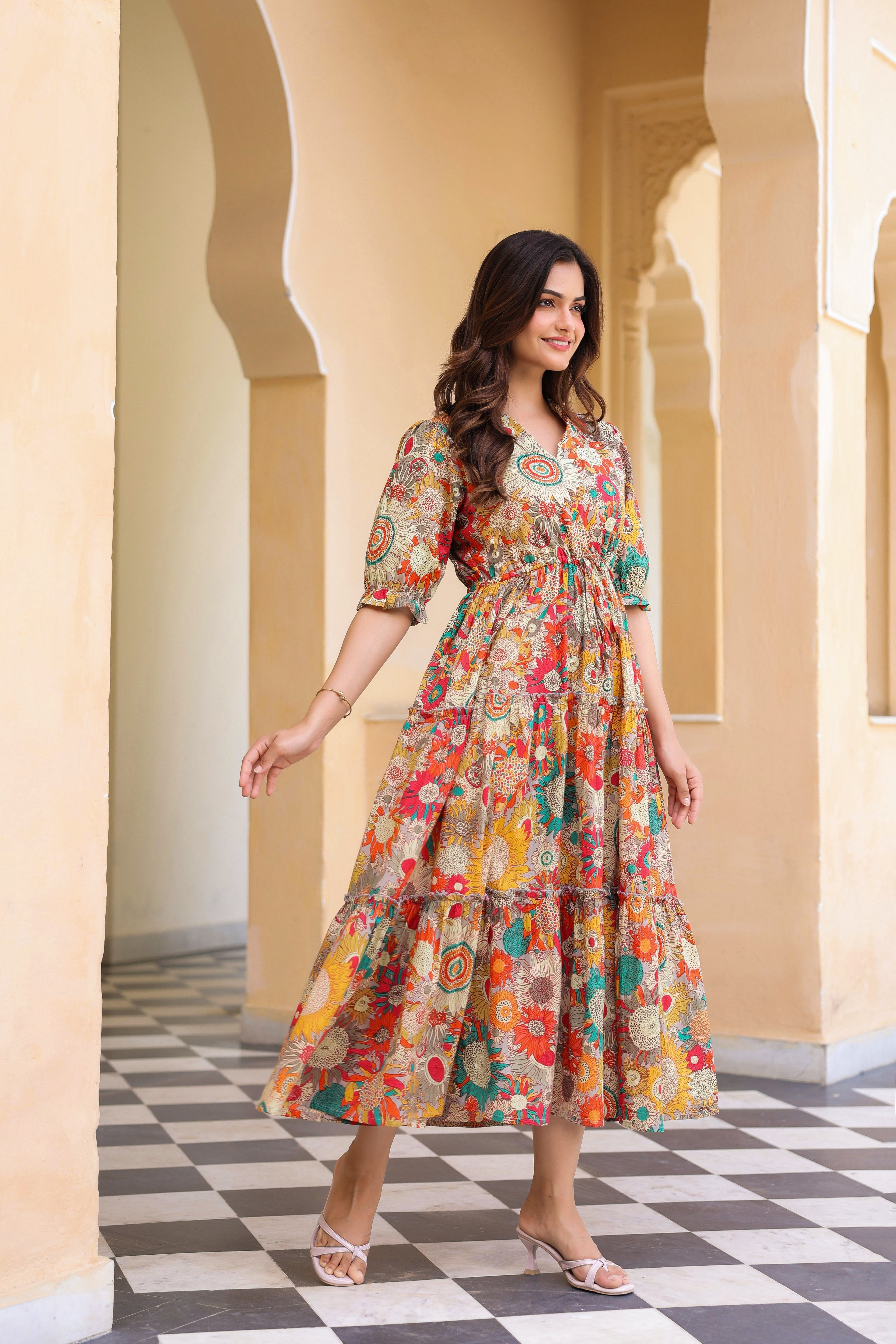 Women Floral Printed V-Neck Pure Cotton Ethnic Dresses