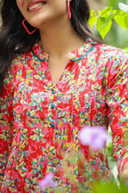 Red A-line pleated kurti