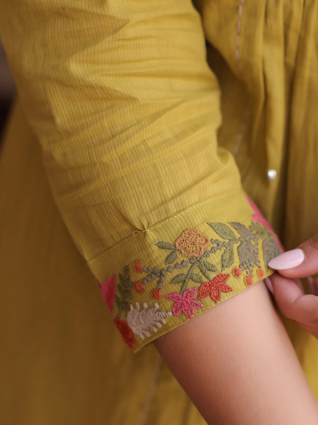 Floral Embroidered Mirror Work Pure Cotton Kurta With Trouser & Dupatta