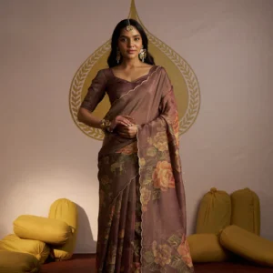 Brown shimmer tissue with scallope border and Zari sequence embellishment saree