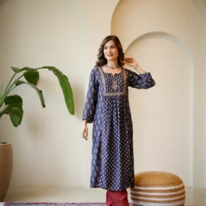 Blue and Red Pleated Gota Work Block Print Kurta Set