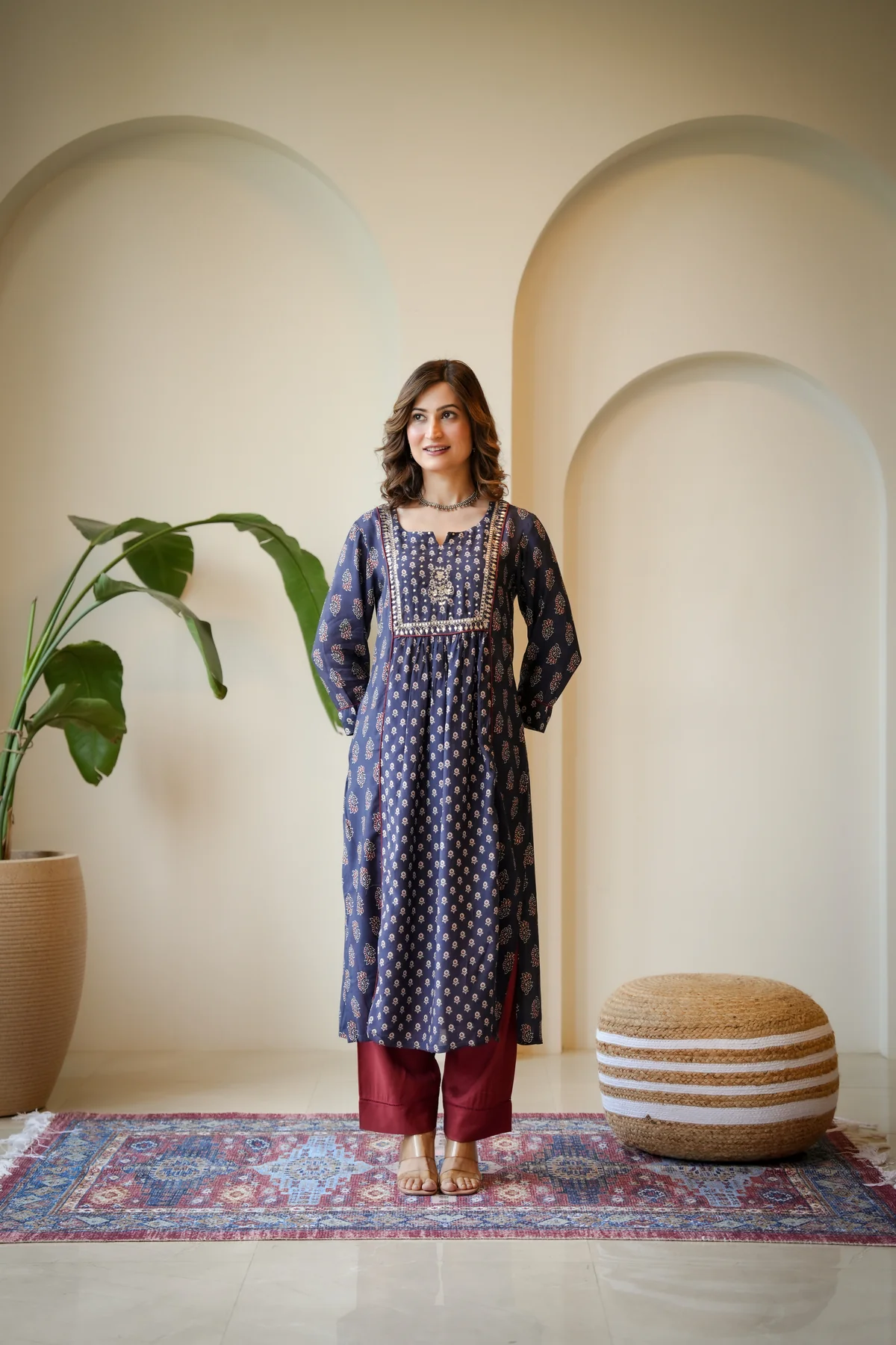 Blue and Red Pleated Gota Work Block Print Kurta Set - Image 2