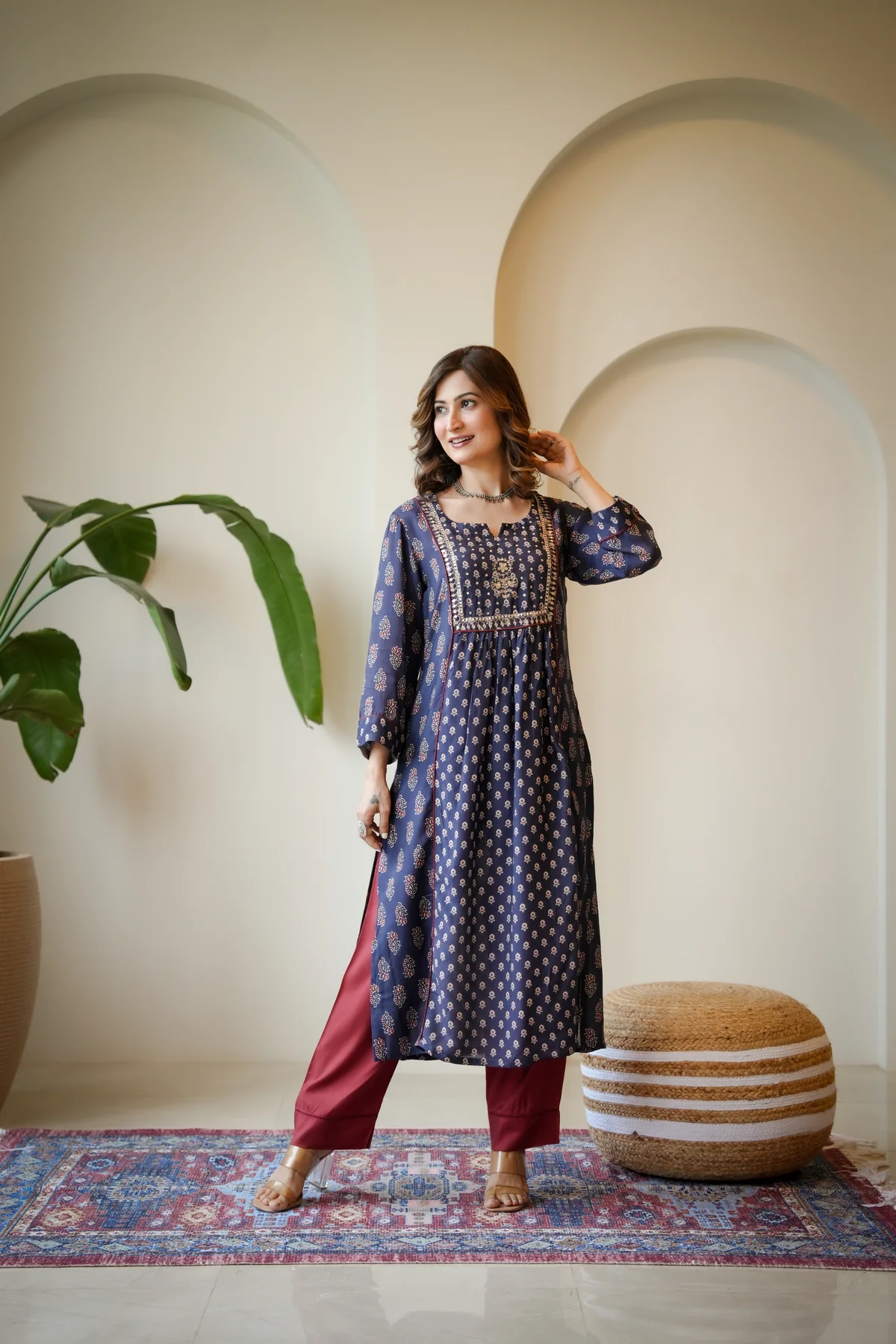 Blue and Red Pleated Gota Work Block Print Kurta Set - Image 3