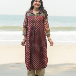 Rustic Red Vayu Mul Chanderi Block Print Kurta Set
