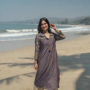 Purple and Yellow Vayu Mul Chanderi Block Print Kurta Set