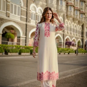 Off White Beigish Pure Muslin Suroop Red Buti Kurta with Parallel Pants