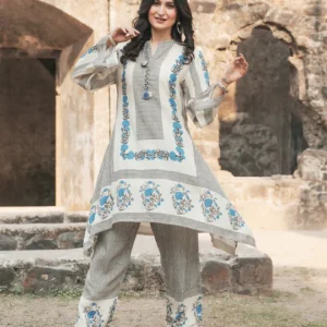Grey and Blue Block Print Muslin Kurta Pant Coord Set