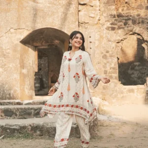 Red and Yellow Mughal Print Muslin Kurta Pant Coord Set