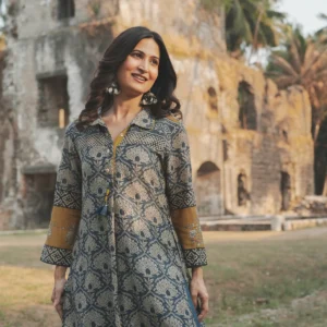 Blue and Yellow Mul Chanderi Block Printed Kurta Set