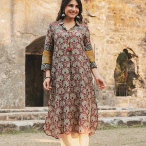 Brick Red Vayu Mul Chanderi Block Print Kurta Set