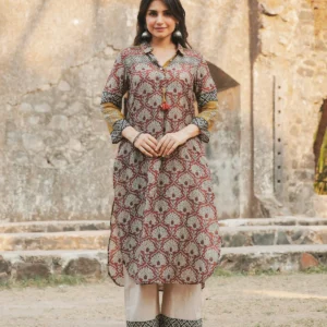 Brick Red Vayu Mul Chanderi Block Print Kurta Set