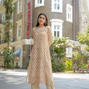 Beige with Orange and Red Small Buti Gota Work V Neck Panel Block Print Kurta pant set