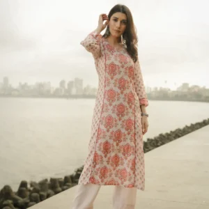 Beige with Red and Pink Block Print Buti Muslin Kurta Pant Set