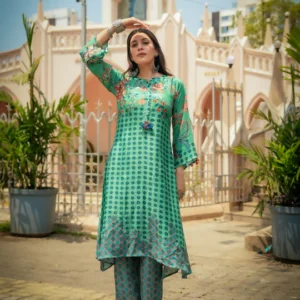 Green and Blue Pure Muslin Block and Floral Placement Print with Tassels Kurta Set