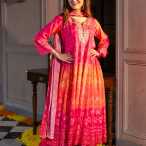 Pink Muslin Anarkali Suit Set with Gota Work on Neck
