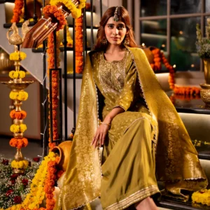 Mehendi Green Banarasi with Gota Work Sharara Set