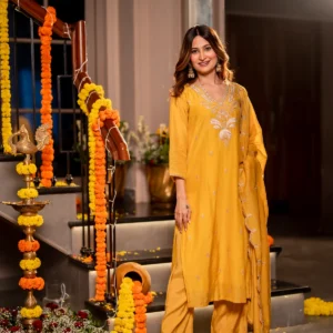 Yellow Marodi with Thread Work Mul Chanderi Suit Set with Scallop Marodi Work Dupatta