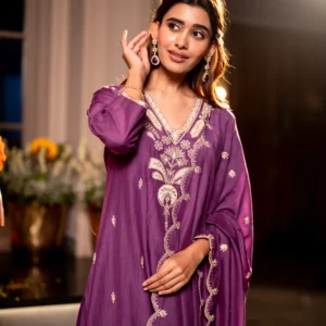 Purple Marodi with Thread Work Mul Chanderi Suit Set with Scallop Marodi Work Dupatta