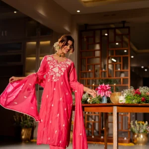 Pink Thread Embroidery Mul Chanderi Suit Set with Scallope Thread Dupatta