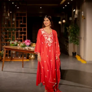 Deep Red Thread Embroidery Mul Chanderi Suit Set with Scallope Thread Dupatta