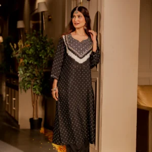 Black bandhani with gota work on neck kurta set