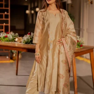 Beige Chanderi with Spread Buti Gota Work and Block Printed Dupatta