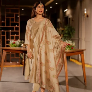 Beige Chanderi with Spread Buti Gota Work and Block Printed Dupatta