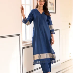 Blue Dobby Cotton Block Printed Kurta Set