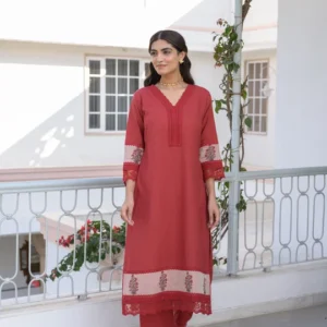 Brick Red Dobby Cotton Block Printed Kurta Set